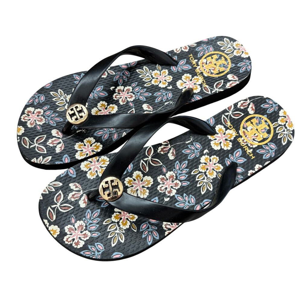 Tory Burch Black Floral Print Flip Flop Thong Sandals Womens Size 7